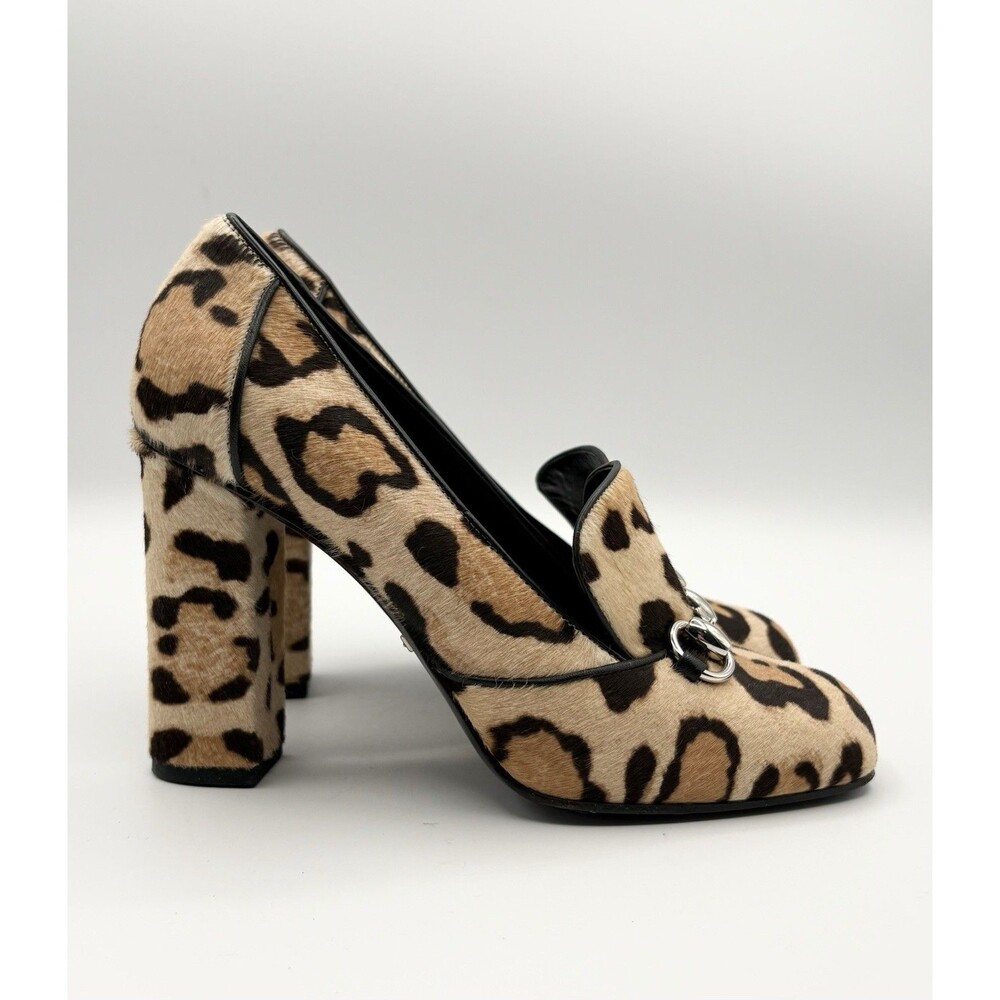 Gucci Pony Hair Cheetah Print Block Heels w/ Silver Horse-bit Accent Sz EU 38
